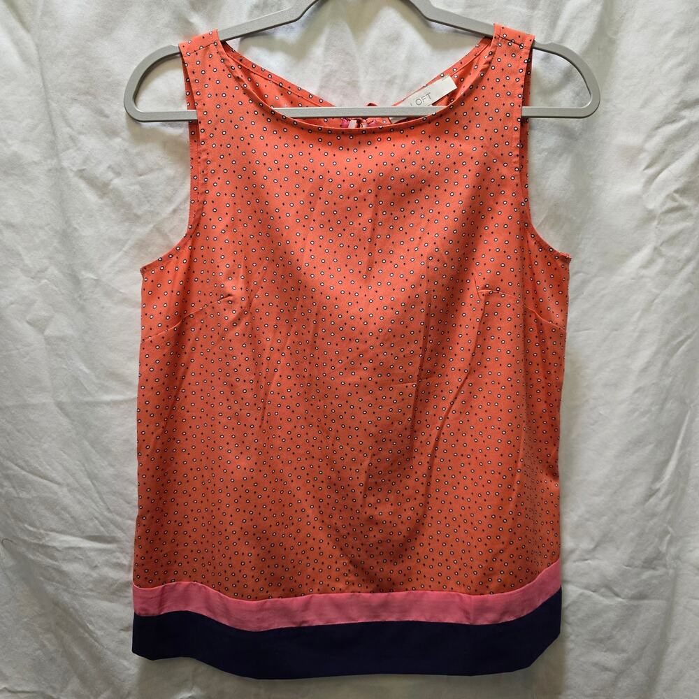 Ann Taylor Loft orange pink blue‎ sleeveless silky top dots stripes small